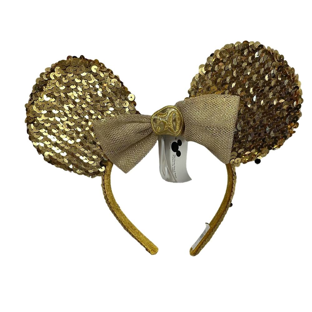 Disney Parks Minnie Mouse Ears Headband Gold Sequins 50th Anniversary Bow